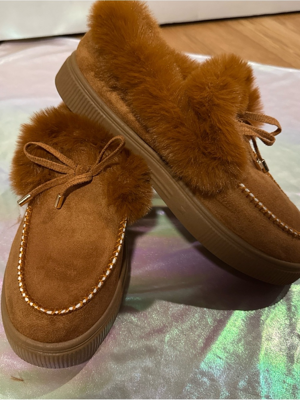 Women's Moccosin type shoe with hard bottom-size 7- camel color-suede w/faux fur